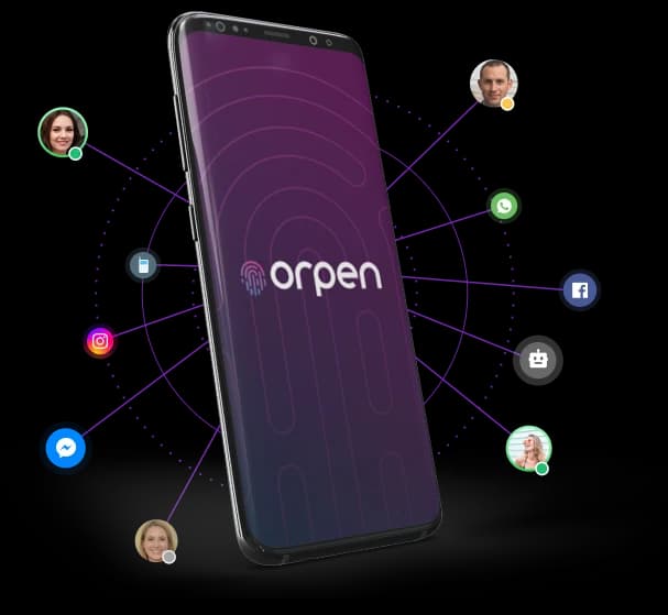 Orpen app on a phone, with the messaging channels it connects orbiting around it