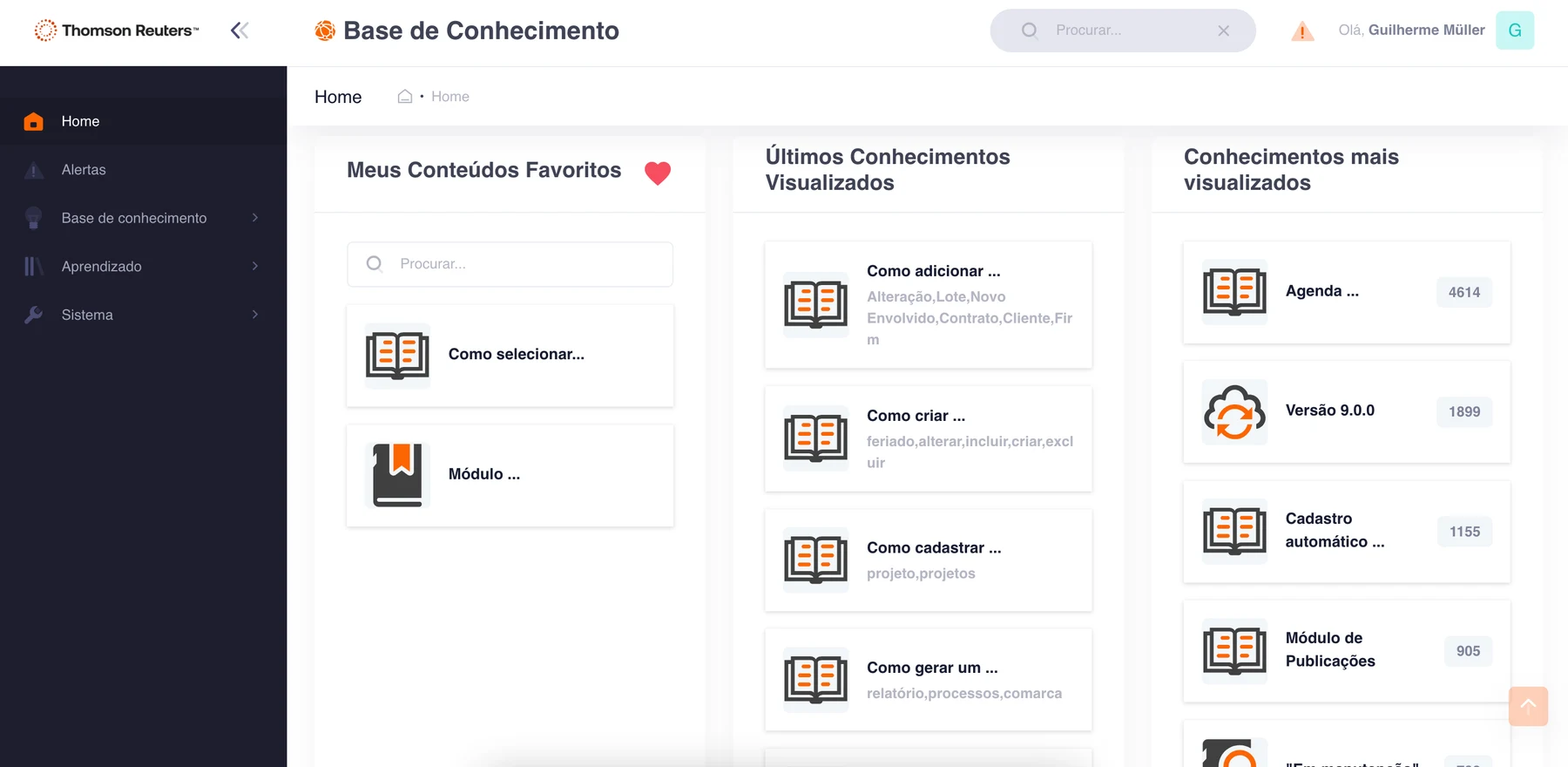 Thomson Reuters customer portal knowledge base, with cards of favourite and most-viewed content