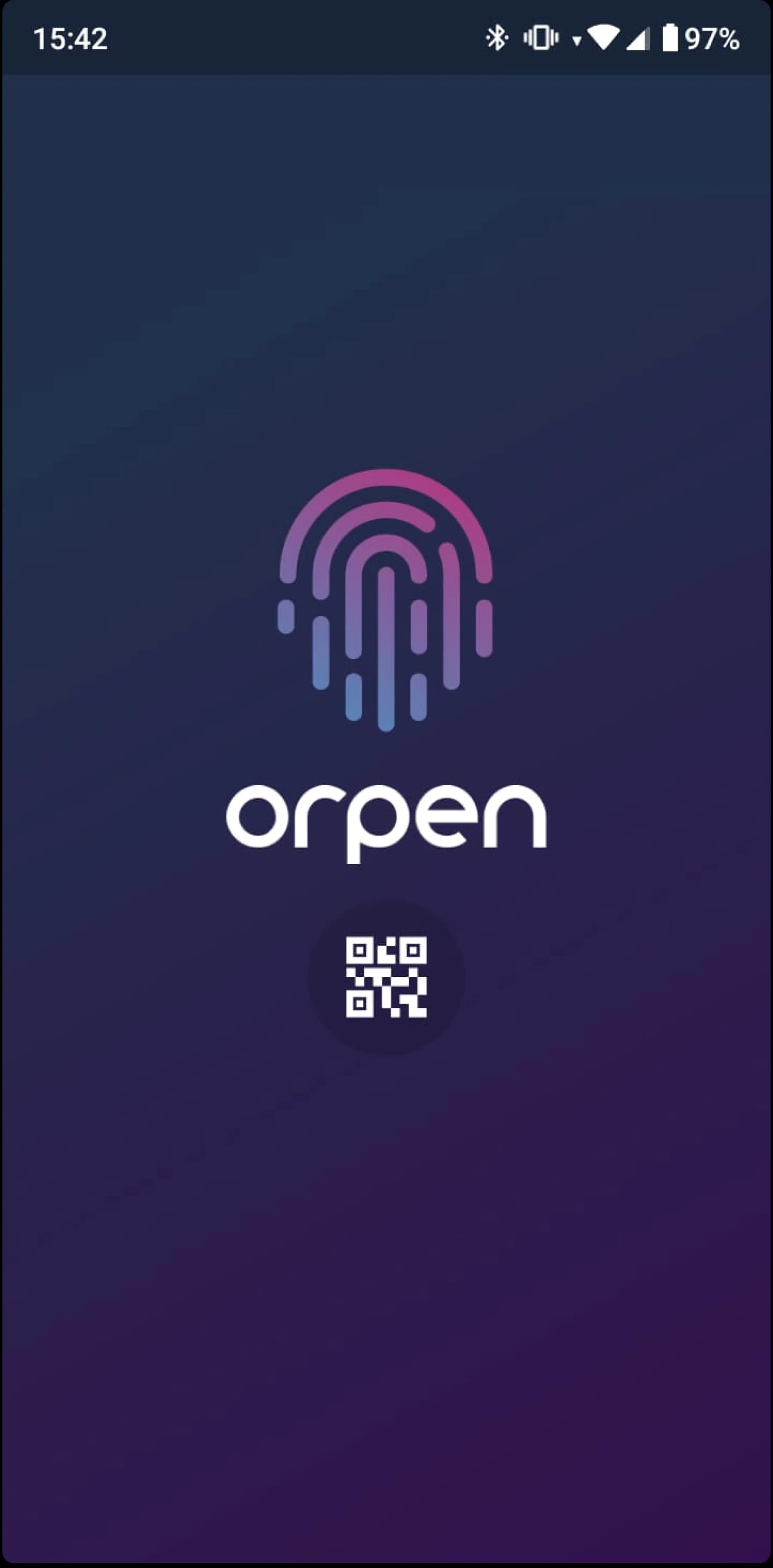 Orpen mobile login screen, showing the logo and a QR code on a dark background