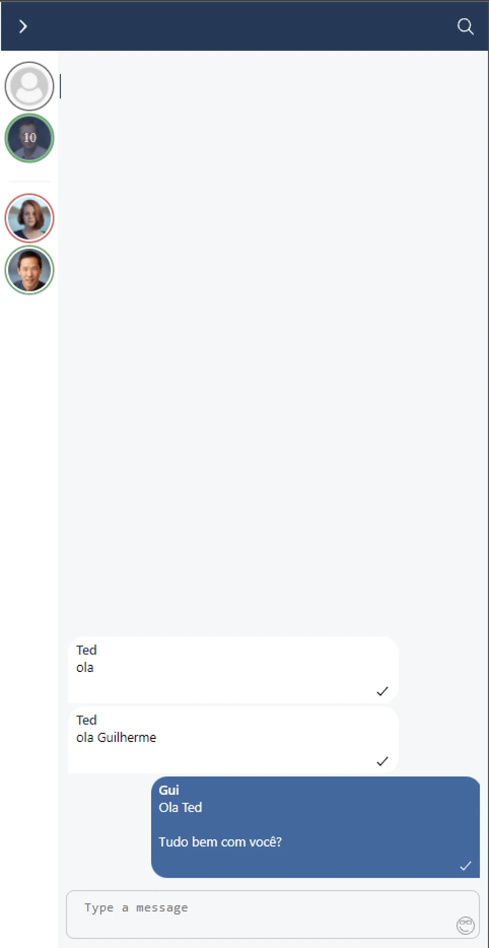 Type Now chat window, with a conversation thread and the contact list on the left